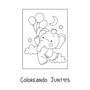 Imagen para colorear de un elefante bebé kawaii con una corona flotando sujetado a unos globos
