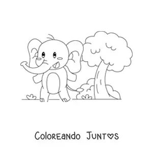Imagen para colorear de un elefante kawaii animado parado en dos patas en un paisaje con árboles