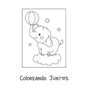 Imagen para colorear de un elefante bebé kawaii sobre una nube sosteniendo una pelota con la trompa