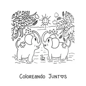 Imagen para colorear de una pareja de elefantes animados bañándose en la selva en un día soleado