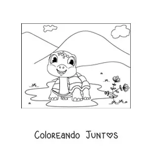 Imagen para colorear de una tortuga de tierra animada sonriente en un charco en un paisaje de montañas
