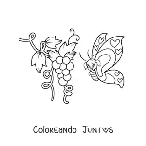Imagen para colorear de una mariposa animada volando cerca de unas uvas
