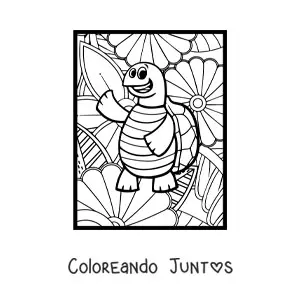 Imagen para colorear de la caricatura de una tortuga graciosa saludando con flores en el fondo