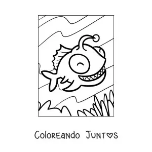 Imagen para colorear de un pez linterna animado sonriente nadando en el fondo del mar