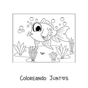 Imagen para colorear de la caricatura de un pez dorado de ojos grandes nadando entre algas
