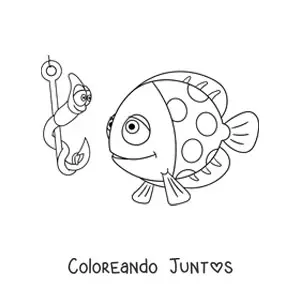 Imagen para colorear de un pez animado junto a un gusano animado colgado a un anzuelo