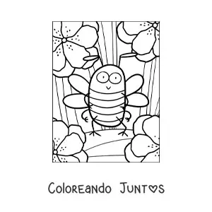 Imagen para colorear de la caricatura de una abeja en dos patas de pie entre las flores