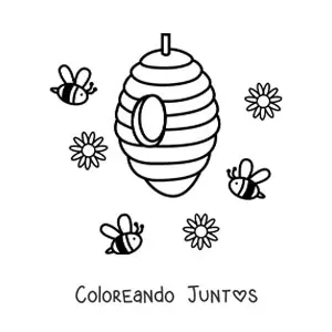 Imagen para colorear de varias abejas animadas volando hacia un panal junto a flores en el aire