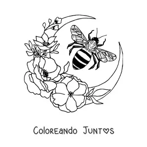 Imagen para colorear de una abeja volando cerca de una media luna decorada con flores