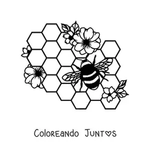 Imagen para colorear de una abeja volando sobre las celdas de un panal con flores