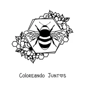Imagen para colorear de una abeja pequeña sobre la celda de un panal decorada con flores