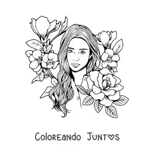 Imagen para colorear de una mujer joven estilo realista rodeada de flores