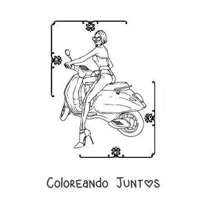Imagen para colorear de una mujer vestida con pantalones conduciendo una motocicleta