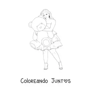 Imagen para colorear de una chica con vestido corto casual sujetando un oso de peluche