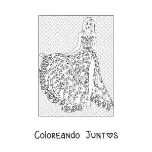 Imagen para colorear de una mujer con un vestido largo de diseño floreado