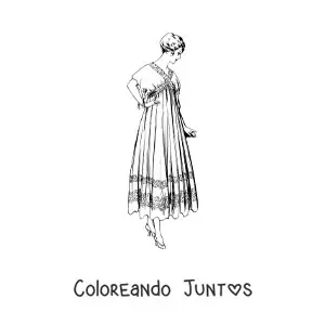 Imagen para colorear de una mujer vestida con un vestido vintage
