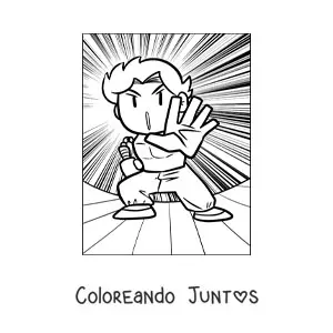 Imagen para colorear de la caricatura de un hombre karateka dando un golpe fuerte