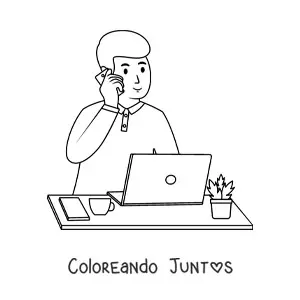 Imagen para colorear de un hombre joven feliz trabajando desde el ordenador mientras habla por teléfono
