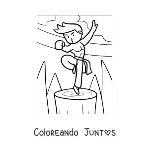 Imagen para colorear de la caricatura de un joven karateka fuerte entrenando