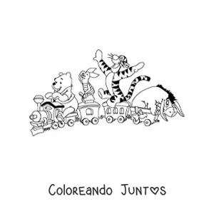Imagen para colorear de Winnie Pooh y sus amigos jugando en un tren de juguete