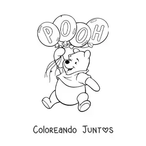 Imagen para colorear de Winnie Pooh flotando sujetando unos globos con su nombre