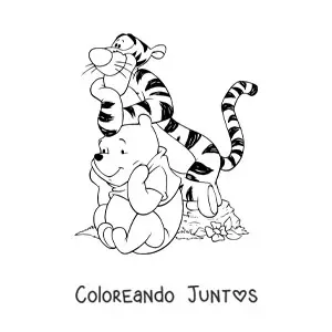 Imagen para colorear de Tiger apoyado sobre la cabeza de Pooh sentado