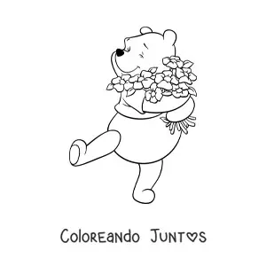 Imagen para colorear de Winnie Pooh feliz abrazando unas flores