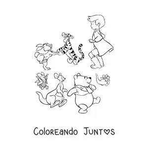 Imagen para colorear de los amigos de Pooh jugando juntos