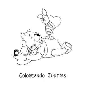 Imagen para colorear de Pooh junto a Piglet dibujando corazones