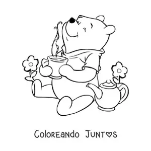 Imagen para colorear de Winnie Pooh tomando el té junto a unas flores