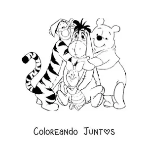 Imagen para colorear de los amigos de Winnie Pooh en un abrazo grupal