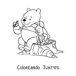 Imagen para colorear de Pooh sentado sobre un tronco con un caracol en la mano junto a Piglet