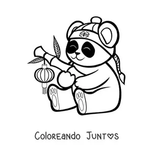 Imagen para colorear de un oso panda kawaii sentado con una bandana en la cabeza y un bambú