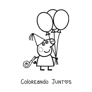 Imagen para colorear de Peppa usando un gorro de fiesta y sujetando varios globos