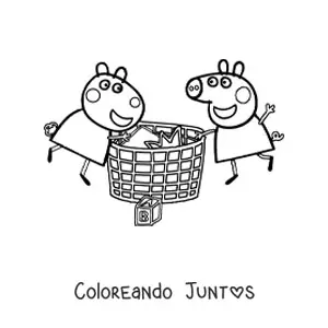 Imagen para colorear de Peppa y Suzy revisando cosas dentro de una cesta grande