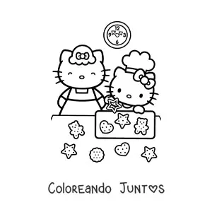 Imagen para colorear de Hello Kitty horneando galletas junto a su mamá