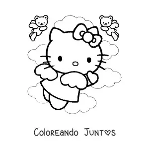 Imagen para colorear de Hello Kitty vestida como un ángel entre las nubes junto a dos ositos ángeles