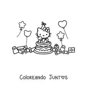 Imagen para colorear de Hello Kitty sobre un pastel de cumpleaños rodeado de globos y regalos
