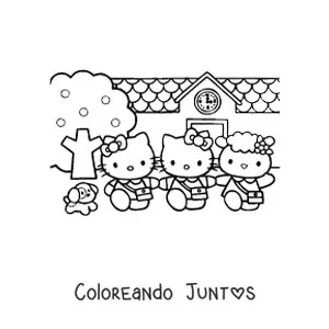 Imagen para colorear de Hello Kitty junto a sus amigos frente al edificio de la escuela