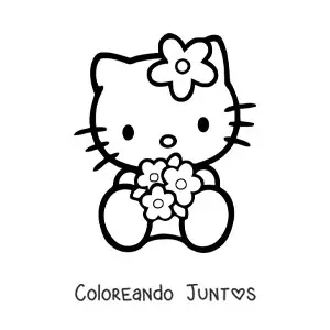 Imagen para colorear de Hello Kitty sentada sosteniendo un ramo de flores