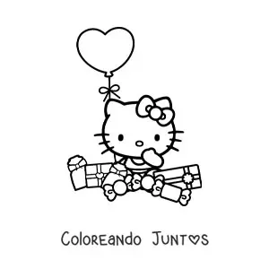 Imagen para colorear de Hello Kitty sentada rodeada de regalos y un globo