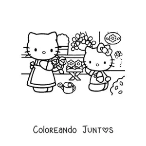 Imagen para colorear de Hello Kitty junto a su mamá arreglando las flores