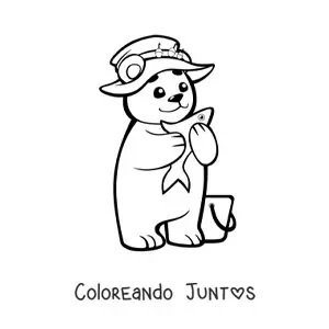Imagen para colorear de un oso bebe kawaii animado con sombrebro pescando