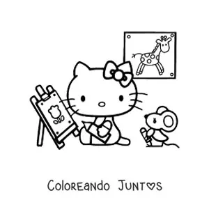 Imagen para colorear de Hello Kitty coloreando sobre un caballete junto a un ratoncito