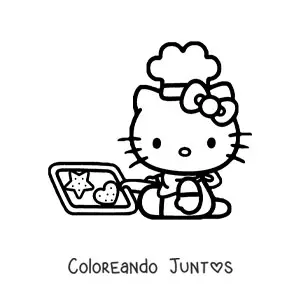 Imagen para colorear de Hello Kitty con un sombrero de chef sujetando una bandeja con galletas horneadas