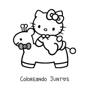 Imagen para colorear de Hello Kitty bebé sobre una jirafa de juguete