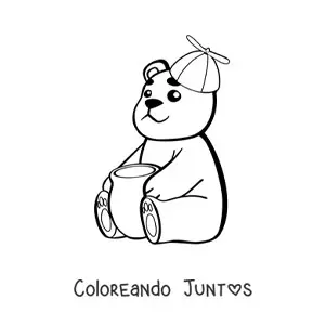 Imagen para colorear de un oso bebe kawaii animado con un tarro de miel