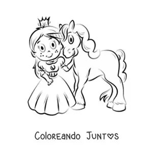 Imagen para colorear animada de una niña princesa con un unicornio