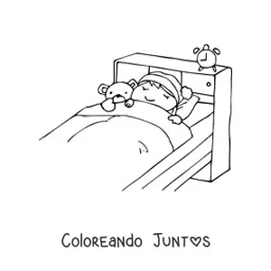 Imagen para colorear de una niña durmiendo en una cama junto a un oso de peluche y un reloj despertador