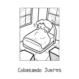 Imagen para colorear de un niño asustado en su cama cubriéndose con las sábanas